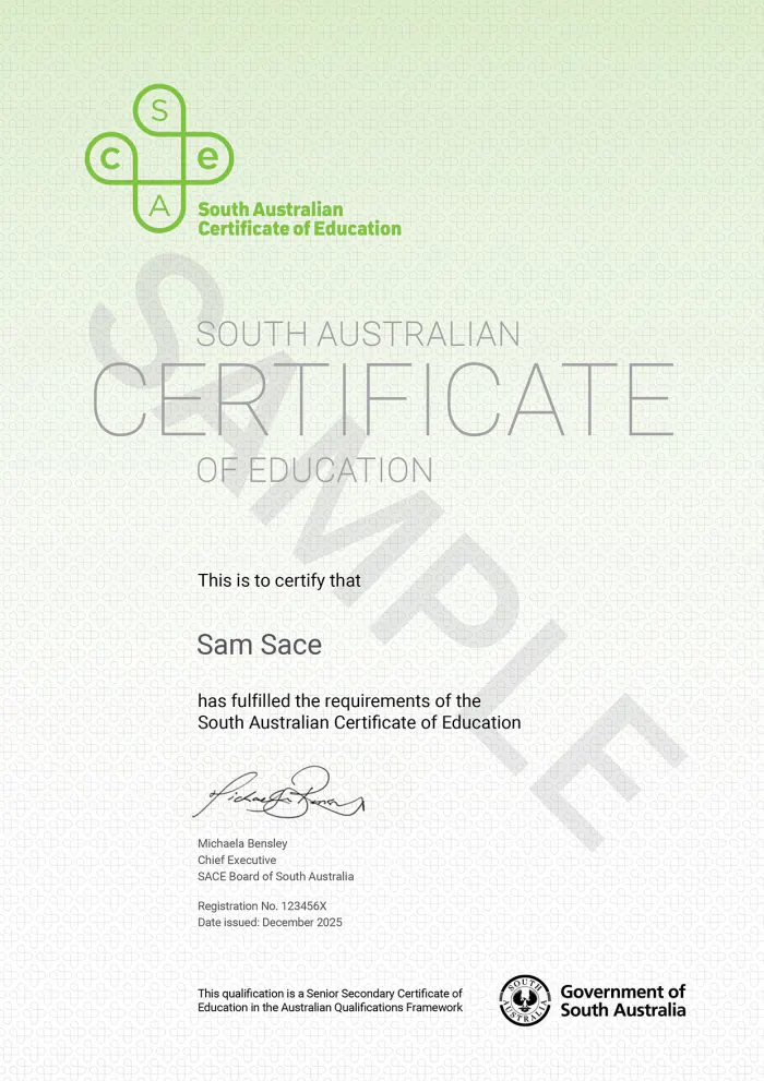 Mẫu bằng South Australian Certificate of Education