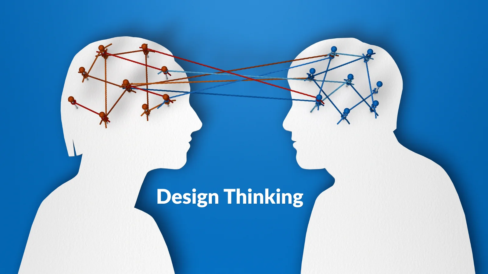Hình hai người đối diện nhau với các đường kết nối giữa hai bộ não và dòng chữ Design Thinking